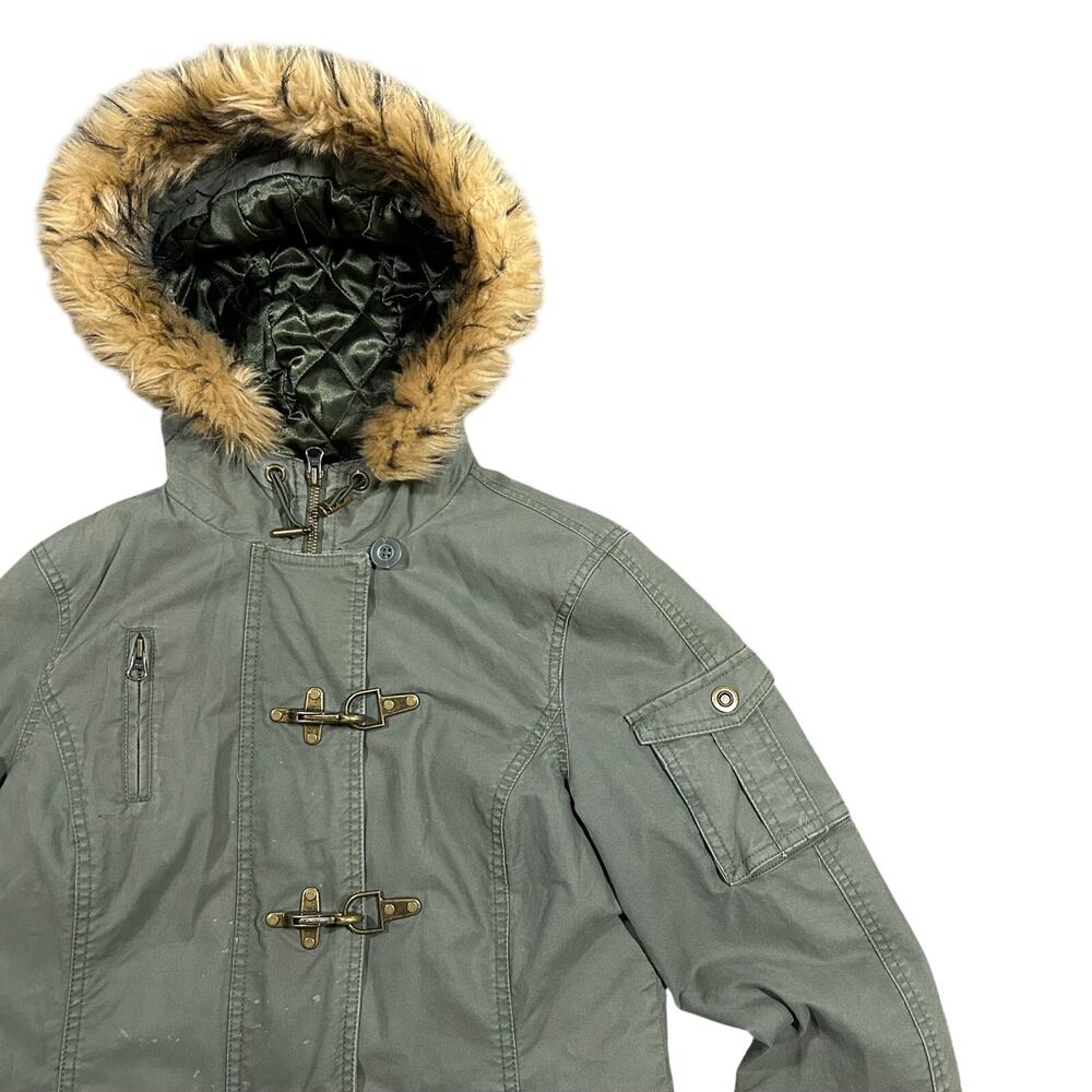 Vintage Y2K Old Navy Faux Fur Hood Jacket Womens Medium Metal Clasps Military - Picture 3 of 6